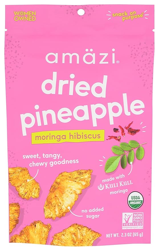 Amäzi Foods, Dried Pineapple - Moringa Hibiscus 2.3Ounce All Natural Snacks No Sugar Added Dried Pineapple Dehydrated Fruit