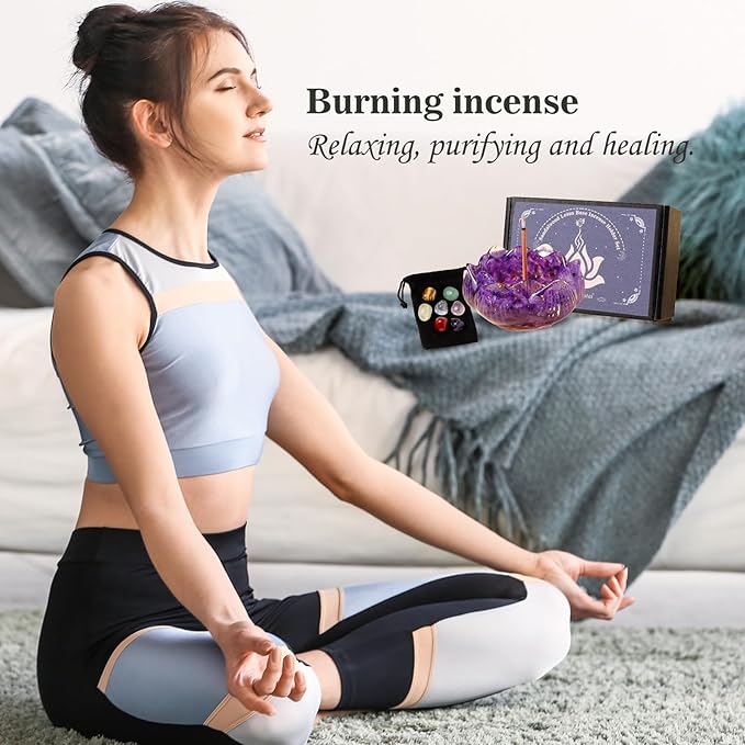 15pcs Set Amethyst Resin Crystal Lotus Incense Burner with 40 Incense Sticks and Removable Ash Collector - Protect Energy for Meditation Room, Yoga & Home Decor Birthday Lover Gift