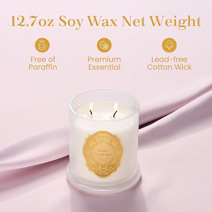 M&SENSE White Gardenia Candles for Home Scented, 2 Wick 12.7oz Soy Wax Candles Non Toxic,70 Hours Long Burning,Luxury Candles Gift for Stress Relief, Meditation, Yoga