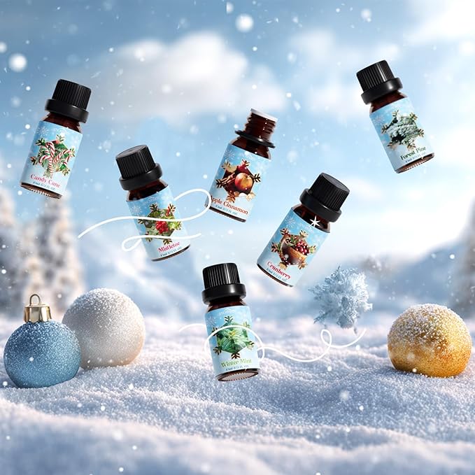 Holiday Fragrance Oil Set, Winter Essential Oils for Diffuser, Apple Cinnamon, Forest Pine, Candy Cane, Winter Mint, Cranberry, Mistletoe, Diffuser Oils Gift Set for Aromatherapy