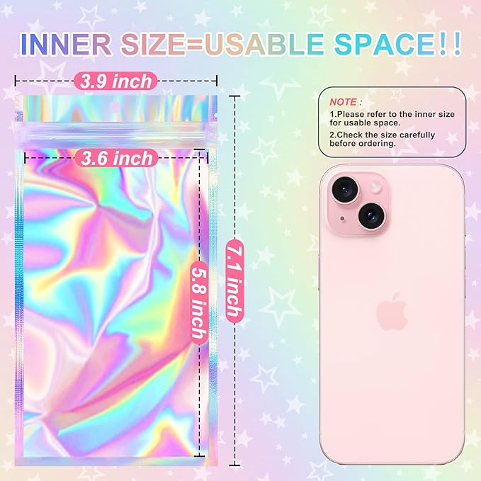 ANZNKU 100 Pack Mylar Bags Reasealable Holographic Bags, Smell Proof Bag Zipper Pouches with Clear Window, Jewelry Candy Sealable Bag for Packaging Sample Party Favor (3.9 x 7.1 Inch)