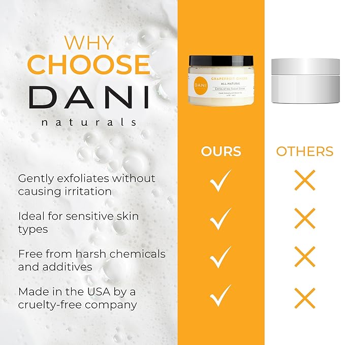DANI Naturals Sugar Scrub - Gently exfoliates with organic cane sugar, leaving skin soft and radiant. Infused with grapefruit and ginger, it deeply moisturizes. 14 oz