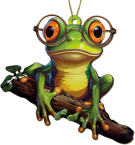 Green Frog Christmas Tree Keepsake Ornaments, Funny Frogs Themed 2 Side Printed Flat Wooden Ornament, Xmas Hanging Decor