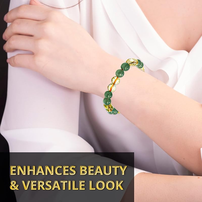 Citrine, Green Aventurine Bracelet – Healing Crystal Bracelet for Women and Men – 8mm Round Beaded Bracelet for Good Luck, Wealth, Abundance – Elastic Adjustable Size Gemstone Bead Bracelet
