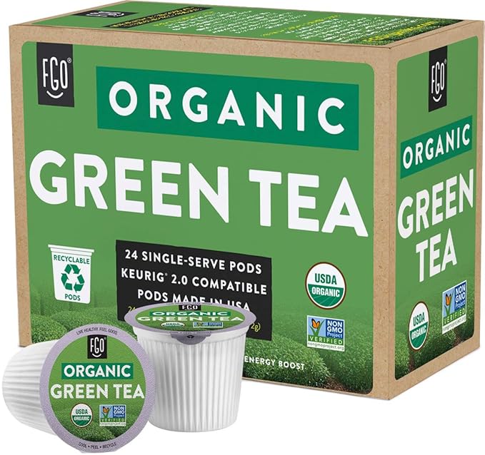 FGO Organic Green Tea K-Cup Pods for Keurig, 24 Count (Pack of 1), Premium Green Tea is USDA Organic, Non-GMO, & Recyclable with Naturally Occurring Caffeine