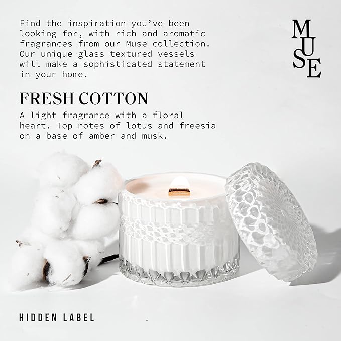 Hidden Label Fresh Cotton Scented Crackling Wood Wick Soy Candles, Muse Collection 7.4oz Glass Jar Decorative Candles, Perfect Gifts for Women on Valentines Day, Birthday, Mothers Day