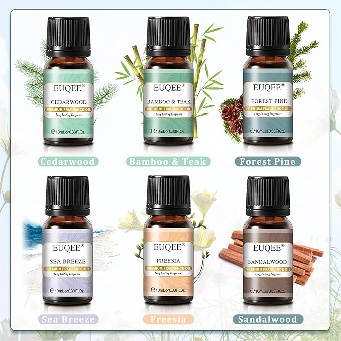 EUQEE Nature Air Premium Grade Scented Oils Gift Set - Sea Breeze, Forest Pine, Bamboo & Teak, Cedarwood, Sandalwood, Freesia (10ml)