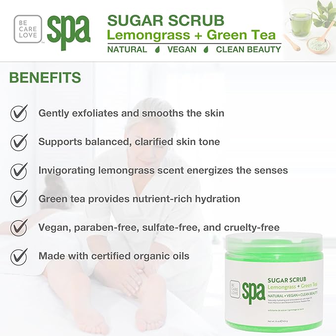 Be Care Love Spa Sugar Scrub Lemongrass + Green Tea to moisturize, detoxify and purify skin for acne-prone, oily, or damaged skin.16 oz