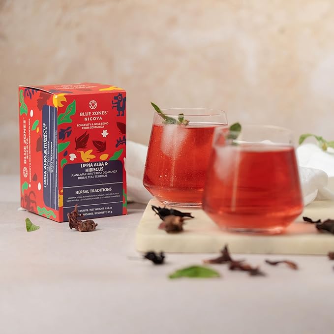 Blue Zones Nicoya - Lippia Alba & Hibiscus Flavored Tea Bags - 100% Natural, Organic, and Refreshing - High Micronutrients - Gluten, Caffeine, Sugar-Free - Pack of 18 (1.59 oz/ 45 g)