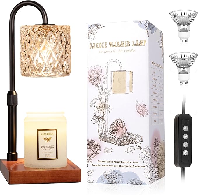 Candle Warmer Lamp with Timer -Dimmable Adjustable Height Wax Melt Warmer for Jar Candles,Vintage Home Decor with Elegant Amber Glass,Birthday Gifts for Women, Mom, Friend