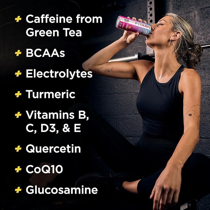 FITAID ENERGY, 200mg Natural Caffeine, Keto, Raspberry Hibiscus, Optimum Performance Formula: BCAAs, Quercetin, Electrolytes, Omega-3s, Paleo, Vegan & GlutenFree, 12 Fl Oz cans (Pack of 24)