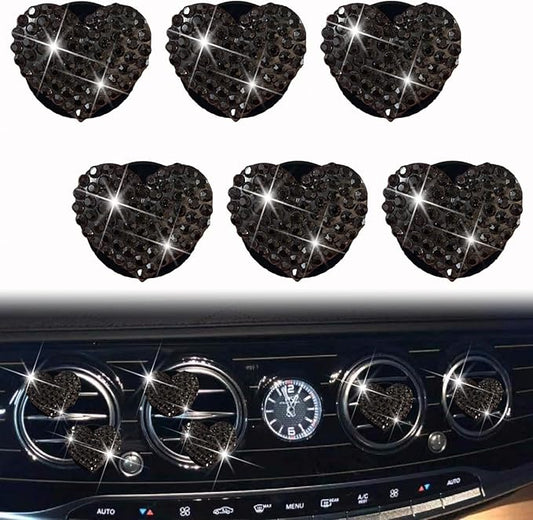 6 Pcs Heart-Shaped Crystal Diamond Air Vent Clip, Heart-Shaped Bling Charms Crystal Car Freshening Diffuser, Car Bling Interior Decorative Accessories for Women (Black)