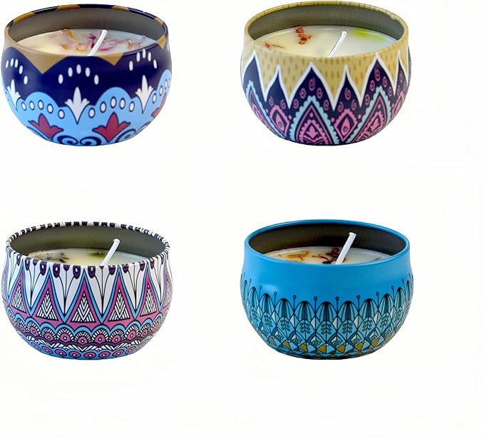 ELEGANTZ Scented Candles Gift Set – 4 Assorted Travel Tin Candles with Flower Petals, Rich Fragrance for Aromatherapy, Home Decor – Perfect for Housewarming, Birthdays, Spa, Bath, Meditation