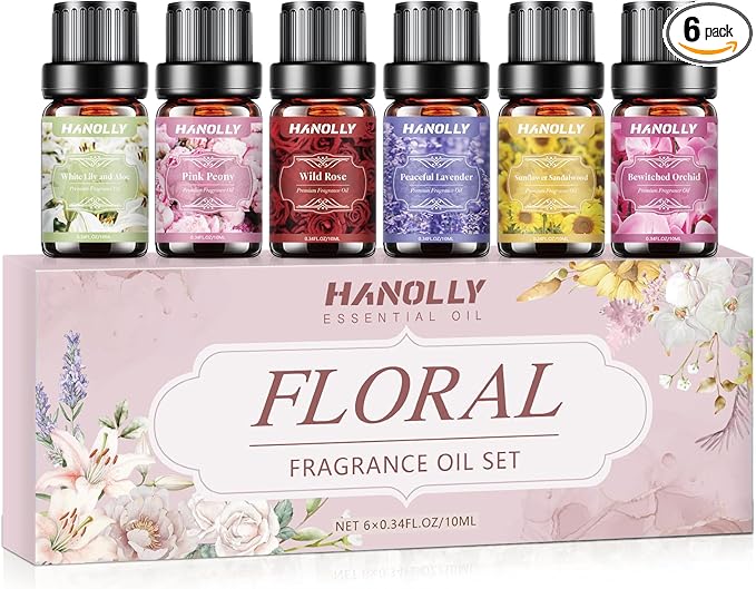 Floral Essential Oils Set - 6 Premium Fragrance Oil for Diffusers, Candle Making, Humidifier - Pink Peony, Wild Rose, Lavender, Sunflower Sandalwood, Bewitched Orchid, White Lily Aromatherapy Oi