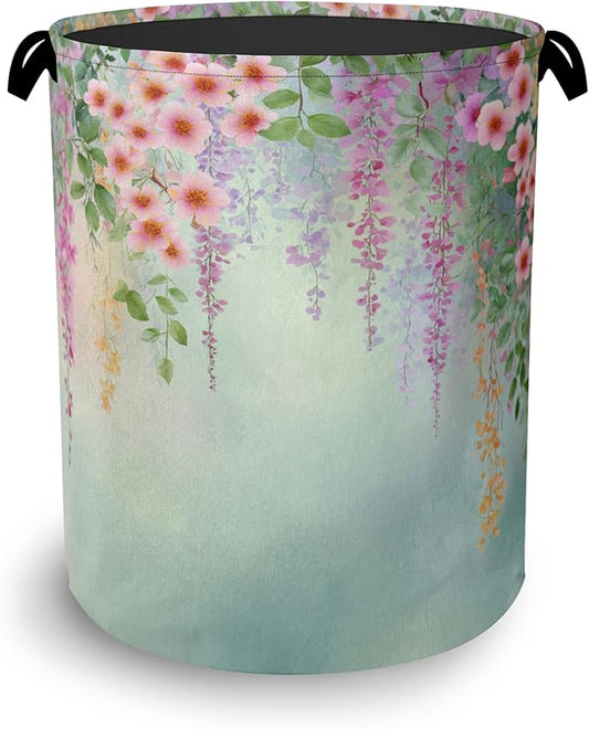 Colorful Flowers Laundry Basket,Foldable with Handles Tote Bag Oxford Cloth for Bathroom Bedroom Dirty Clothes Storage Bucket 16" x 20.8"