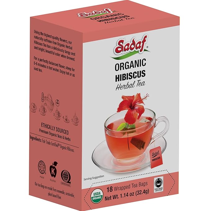 Sadaf Organic Hibiscus Tea - Organic Hibiscus Tea Bags - Ideal for Hot or Iced Tea - Té de Hibisco Orgánico - Kosher - 18 Wrapped Tea Bags