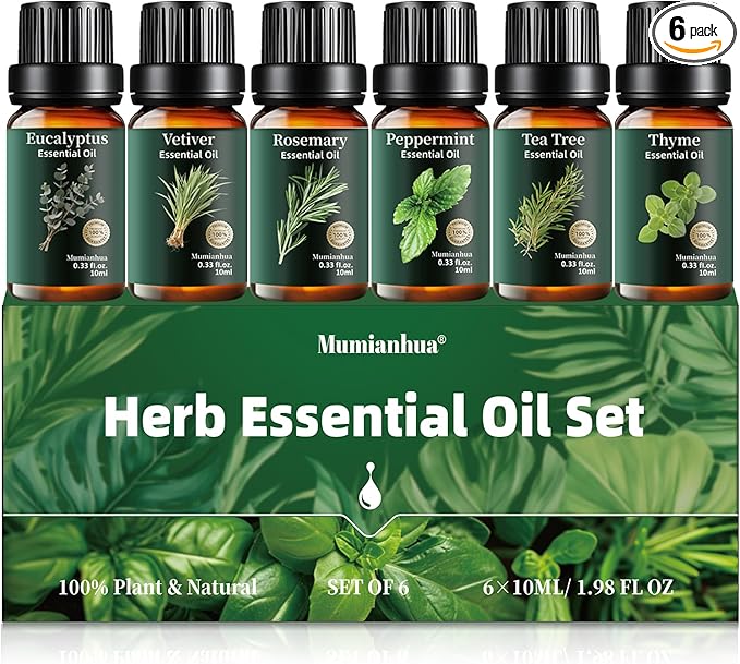 Herbal Essential Oils Set Pure, Mumianhua Natural Zestful Breeze Aromatherapy Gift Kit: Eucalyptus, Peppermint, Tea Tree, Thyme, Rosemary, Vetiver for Diffuser, Humidifier, Candle& Soap Making 6x10ml