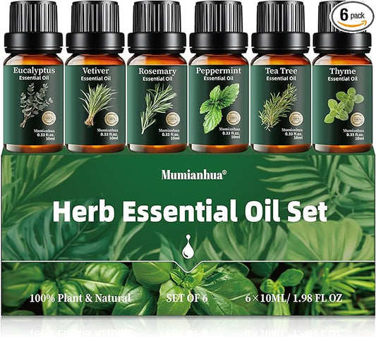 Herbal Essential Oils Set Pure, Mumianhua Natural Zestful Breeze Aromatherapy Gift Kit: Eucalyptus, Peppermint, Tea Tree, Thyme, Rosemary, Vetiver for Diffuser, Humidifier, Candle& Soap Making 6x10ml