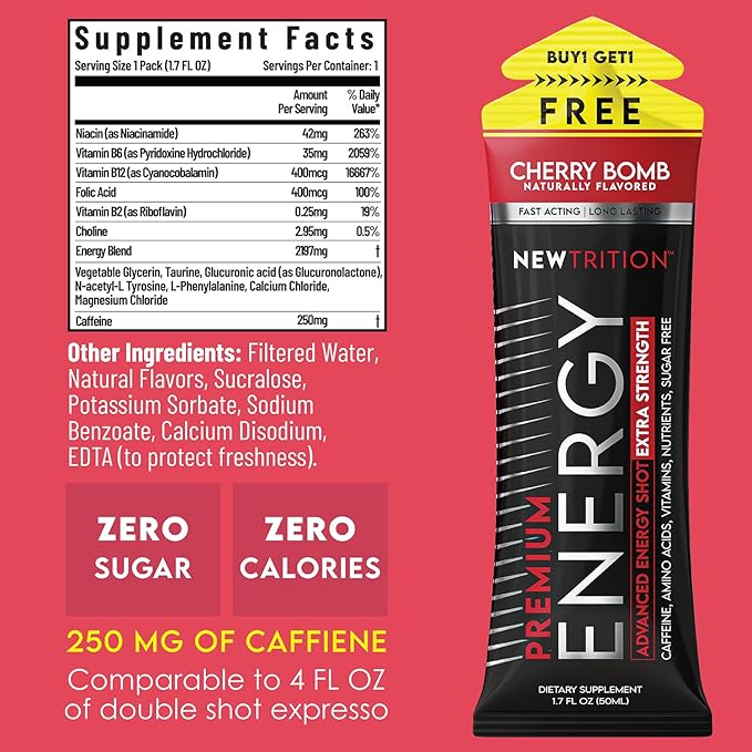 NewTrition® Extra Strength Energy Shots, 250mg Caffeine Energy Shots with Vitamin B & Amino Acids, Sugar-Free Vitamin Energy Shot, 1.7 fl oz (Pack of 24, Cherry Bomb)