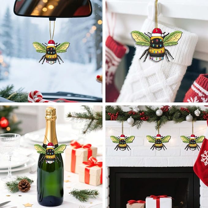 2 Side Printed Flat Christmas Wooden Ornaments, Animal Keepsake Hanging Tree Decoration, Santa Bee Ornament