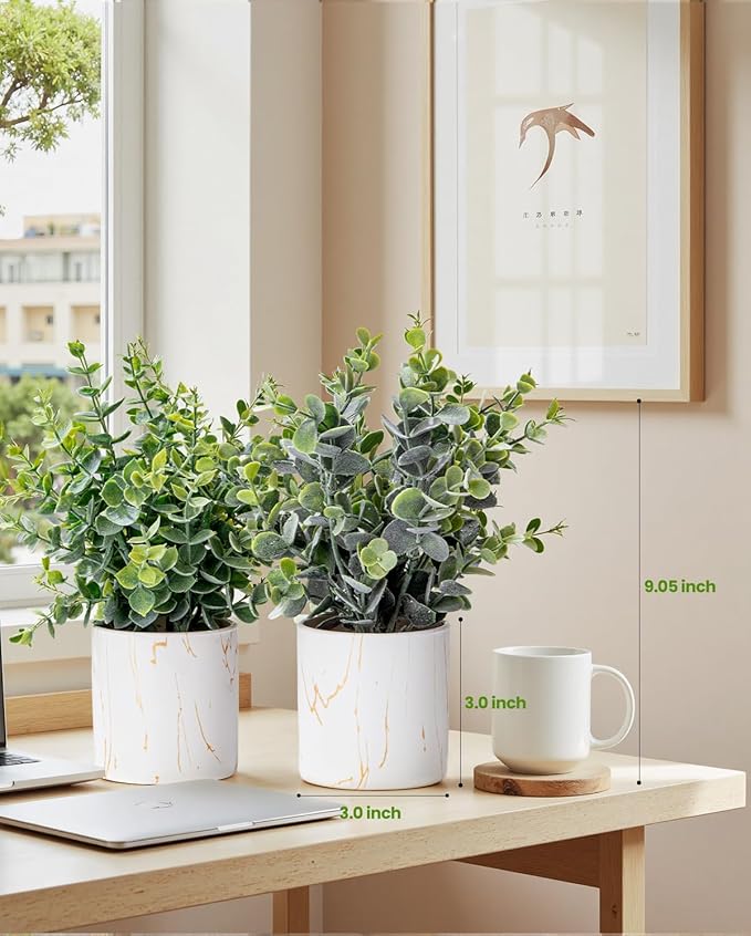 Artificial Eucalyptus Plants in White Ceramic Pots, 2 Pack Faux Greenery Decor with Different Leaf Styles, Small Potted Plants for Shelf, Bathroom, Bedroom, Office Desk, 9.05" Tall