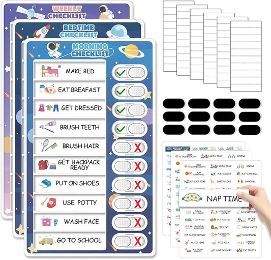 3 in 1 Bedtime/Morning/Weekly Astronaut Routine Chart for Kids, Magnetic Chore Chart for Toddlers, Visual Schedule for Kids Toddlers Schedule Board for Home