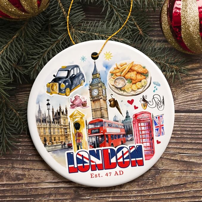 Classic London Artwork City Full of Landmarks Ornament, Vintage Souvenir of England