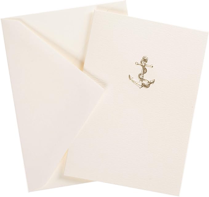 Graphique Anchor La Petite Presse Boxed Notecards - 10 Embossed and Embellished Gold Foil Anchor Blank Cards with Matching Envelopes, 3.25" x 4.75 '