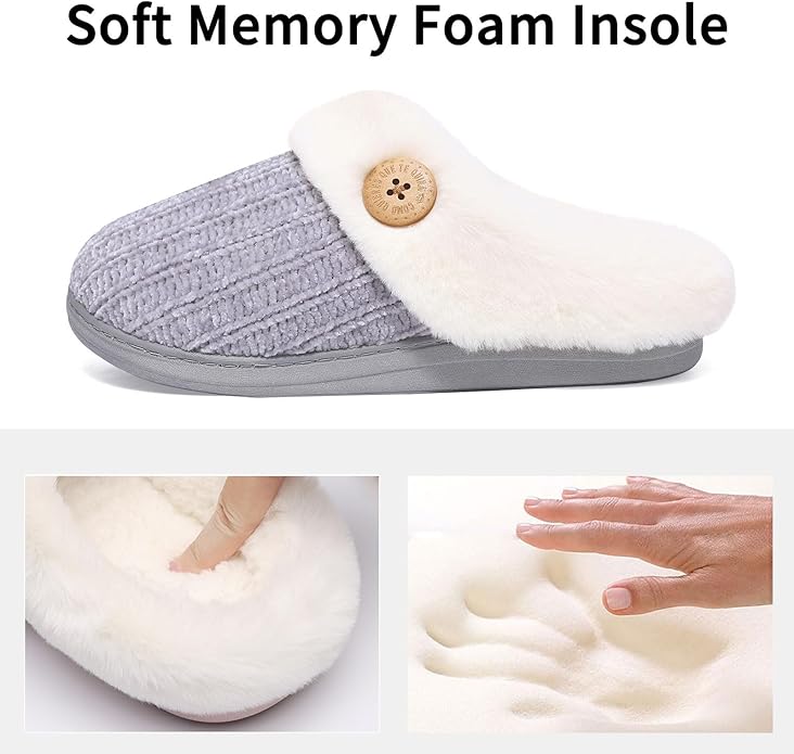 Evshine Warm Knit House Slippers for Women Comfy Wool-Like Lined Chenille Slippers with Memory Foam and Indoor Outdoor Soles