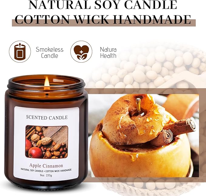 Apple Cinnamon Scented Candles for Home Scented Aromatherapy Candles, Hand-Poured, 9 OZ, 50H Clean Burn,Soy Wax Candle Gift Set for Women Men