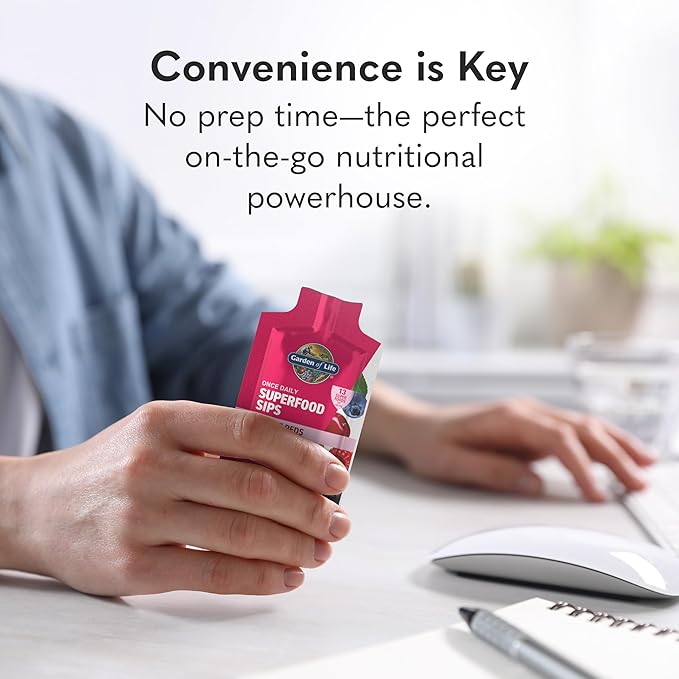 Garden of Life Superfoods Sips, 12 Single Serve Pouches, Vitamins, Probiotics, 13 Organic Superfoods, Functional Mushrooms, Immune Reds, Once Daily, Organic, Vegan, Preservative-Free, Berry Flavor