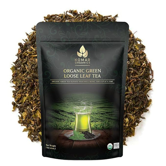Komar Organics Loose Leaf Green Tea – 16Oz USDA Organic for Energy Boost, Antioxidants – Certified Kosher Delicate Flavor Assam Tea Organic Tea Leaves Ideal for Morning, Afternoon