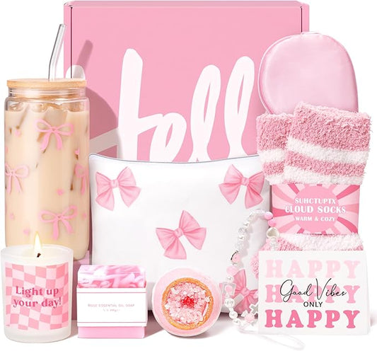 Gift Baskets for Women, 9pcs Unique Happy Birthday Gifts for Women, Best Christmas Ideas Box w/Coquette Bow Aesthetic Cup for Her Teen Girl Sister Friend Friendship Sweet 16th 18th 21st Bday