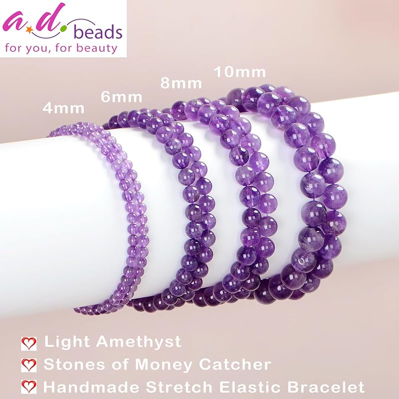AD Beads Handmade Gemstone Stretch Elastic Bracelet Crystal Healing Reiki Nature's Beauty and Spiritual Essence Unisex (6mm, Purple Amethyst)