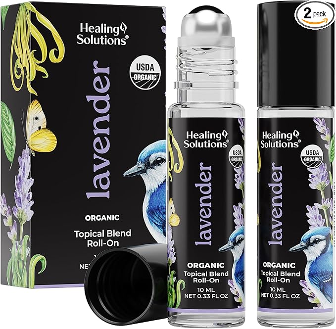 Healing Solutions Lavender Essential Oil Roll-On (2-Pack) - USDA Organic Calming Essential Oil Roller for Sleep & Skin