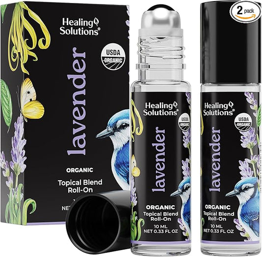 Healing Solutions Lavender Essential Oil Roll-On (2-Pack) - USDA Organic Calming Essential Oil Roller for Sleep & Skin