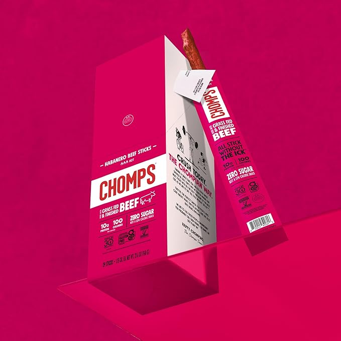 Chomps Grass-Fed and Finished Spicy Habanero Beef Jerky Snack Sticks 10-Pack - Keto, Paleo, Whole30, 10g Lean Meat Protein, Gluten-Free, Zero Sugar Food, Non-GMO