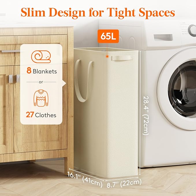 Lifewit 2 Pack Slim Laundry Hamper, Collapsible Narrow Laundry Basket, Small Tall Dirty Clothes Hampers with Handles for Bathroom Bedroom College Dorm, White, 65L