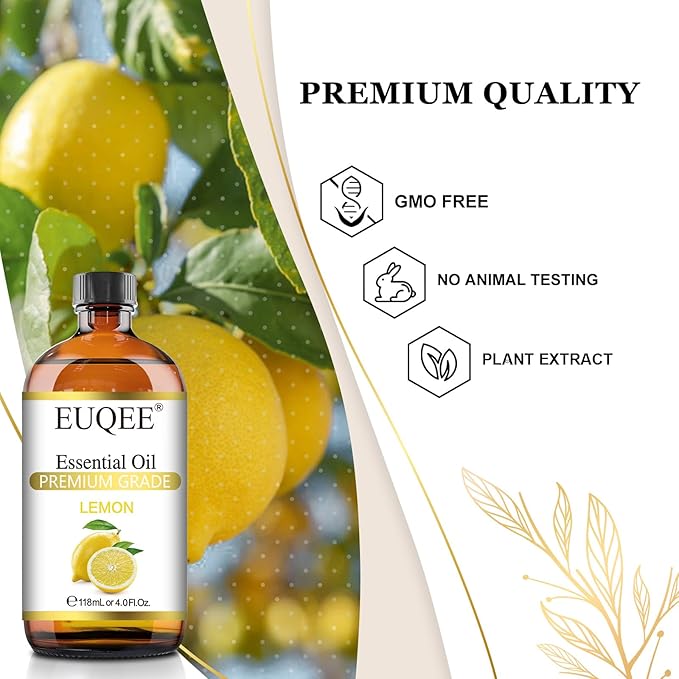 EUQEE Lemon Essential Oil with Glass Dropper, Great for Aromatherapy, DIY Soap, Humidifier, Candle Making(4Fl oz/118mL)