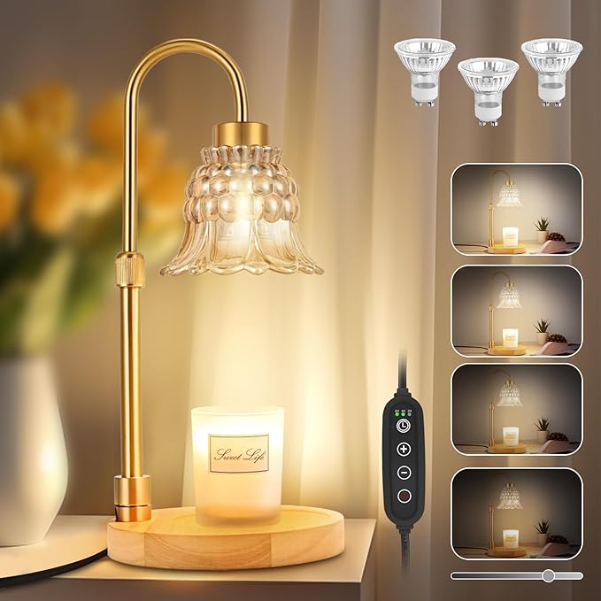 Candle Warmer Lamp with Timer & 3 Bulbs, Dimmable Electric Candlelight Adjustable Height and Brightness Candle Wax Warmer for Jar Candles Bedroom Home Decor House Warming Gift for Women (Amber)