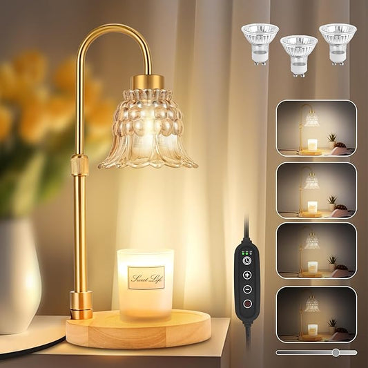 Candle Warmer Lamp with Timer & 3 Bulbs, Dimmable Electric Candlelight Adjustable Height and Brightness Candle Wax Warmer for Jar Candles Bedroom Home Decor House Warming Gift for Women (Amber)