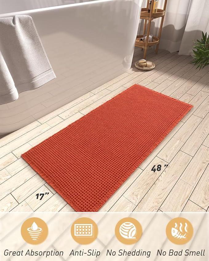 AMOAMI Upgraded Waffle Runner Rug Super Absorbent Non Slip Bath Mats for Bathroom Machine Washable Bathroom Runner Rug with Tassels, Ideal for Hallway Bedroom Laundry Room, 17" x 48", Orange