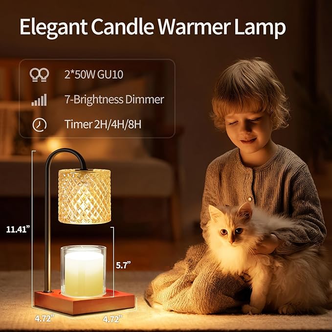Candle Warmer Lamp, Candle Lamp Wax Warmer, Timer & Dimmer 7-Levels, Fits Cup Jar Candle, Top Melting, Crystal Heater Lamp for Scented Wax, Elegant Home Decor, Amber & Brown
