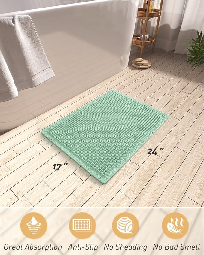 AMOAMI Upgraded Waffle Bath Mat, Super Absorbent Non Slip Bath Mats for Bathroom Floor, Machine Washable Bathroom Rugs with Tassels, Rubber Backed Bathroom Mats, Ultra Soft, 17" x 24", Sage