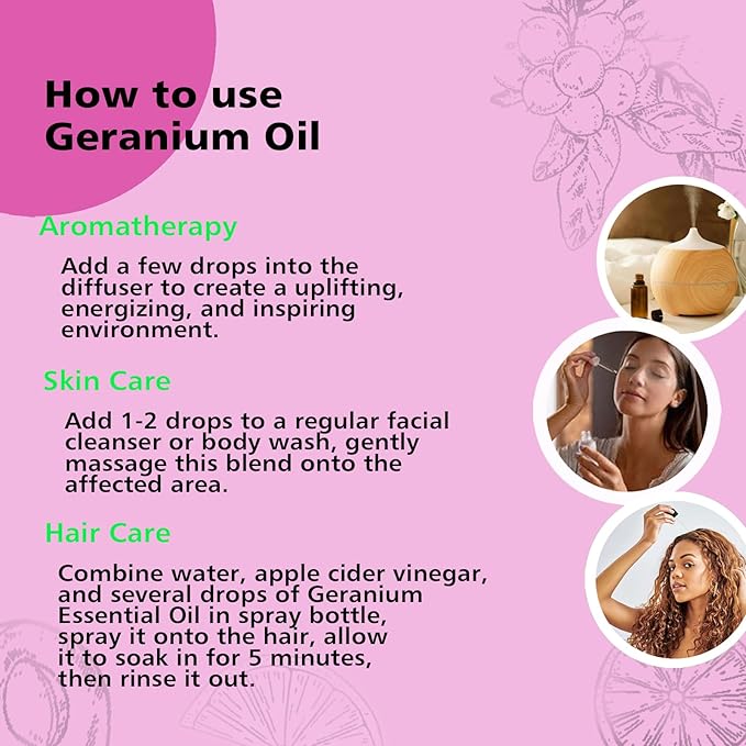 Geranium Essential Oil 1 Oz, 100% Pure Geranium Oil for Diffuser, Skin, Hair, Face, Soap & Candle Making, Aromatherapy & Massage