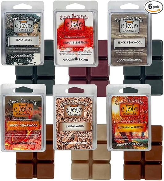 Fall Mix Wax Melts, 6 Pack - USA Made - Wax Cubes for Wax Melt Warmer, Masculine Autumn Variety Pack - Smoky Cederwood, Black Spice, Autumn Warmth, Sandalwood, Teakwood, Cedar and Saffron
