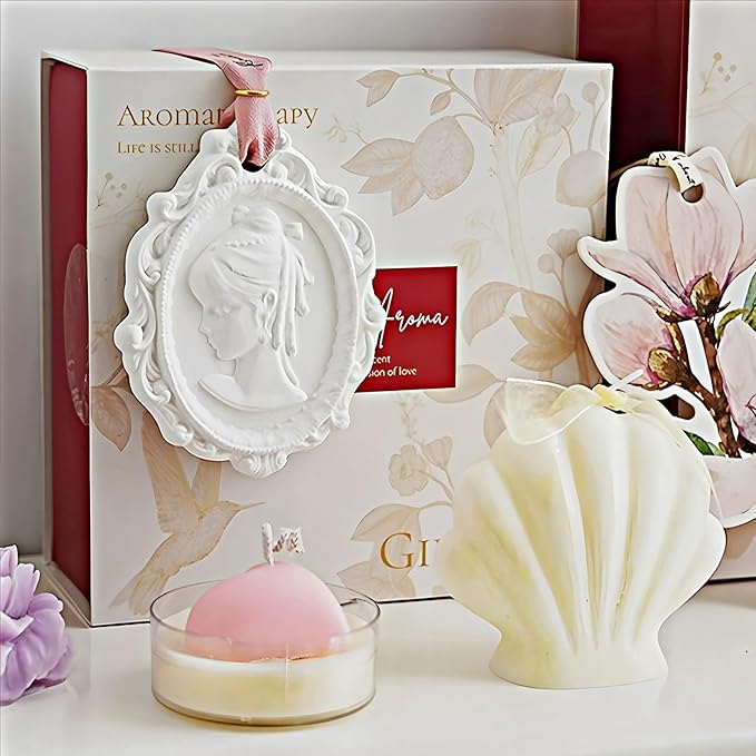Romantic Aroma Aromatherapy Gift Box Set with Decorative Candles, Shell and Floral Design, White and Purple（5Pack）