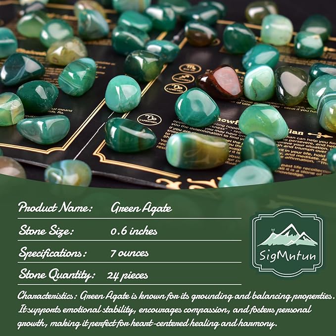 Green Agate Healing Crystal Stone Set - 24 Pieces, 0.6" Natural & Polished Stones for Healing, Meditation, Reiki, Chakra, Crafting & Decoration