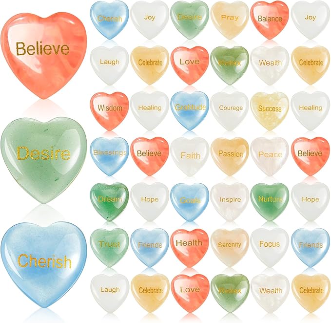 Fabbay 60 Pcs Inspirational Rocks with 30 Different Words, Heart Inspirational Engraved Stones Bulk Encouragement Worry Stones As Meditation Decorations Graduation Gifts for Friends Family (0. 8 Inch)