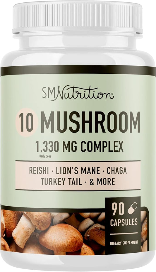 10 Mushroom Complex Supplement | 1300+ MG Blend with Lions Mane, Turkey Tail, Cordyceps, Reishi, Shiitake, Maitake, Chaga & White Button Mushroom | Immune & Adaptogen Support | 90 C
